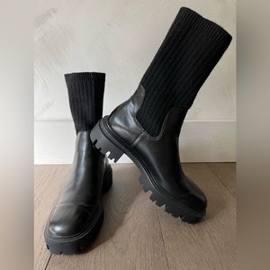 Zara Black Leather Chunky Lug Sole Sock Boots